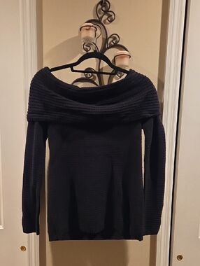 White House Black Market Off-the-Shoulder Ribbed Foldover Sweater - Black